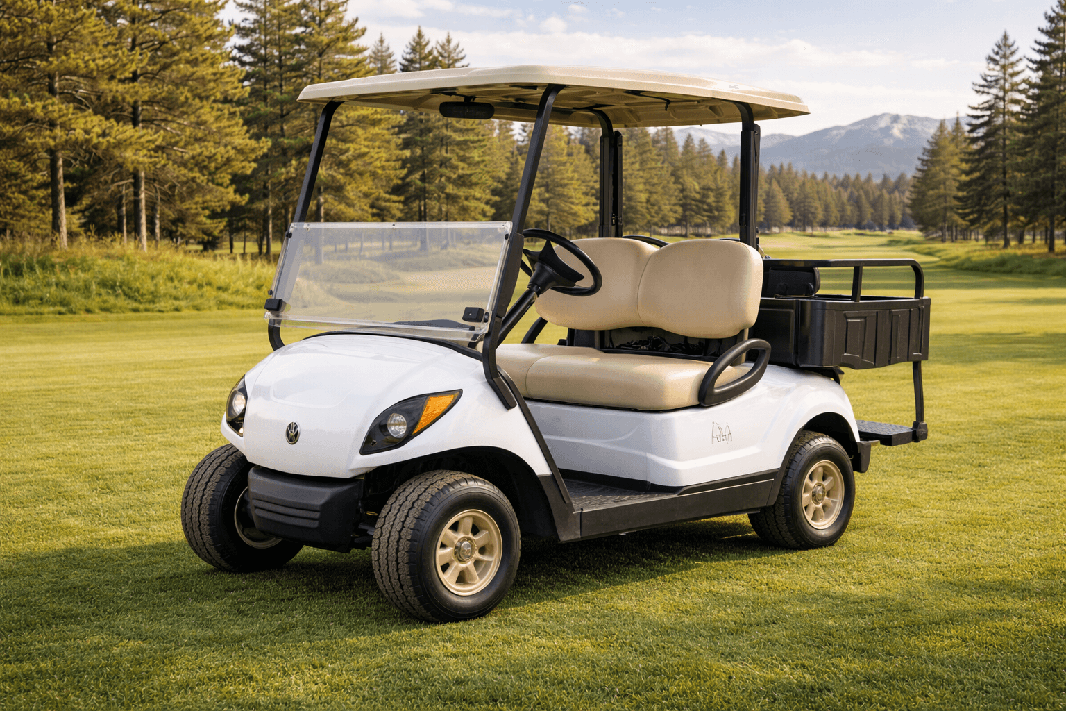 Golf carts with Rocky Mountain backdrop